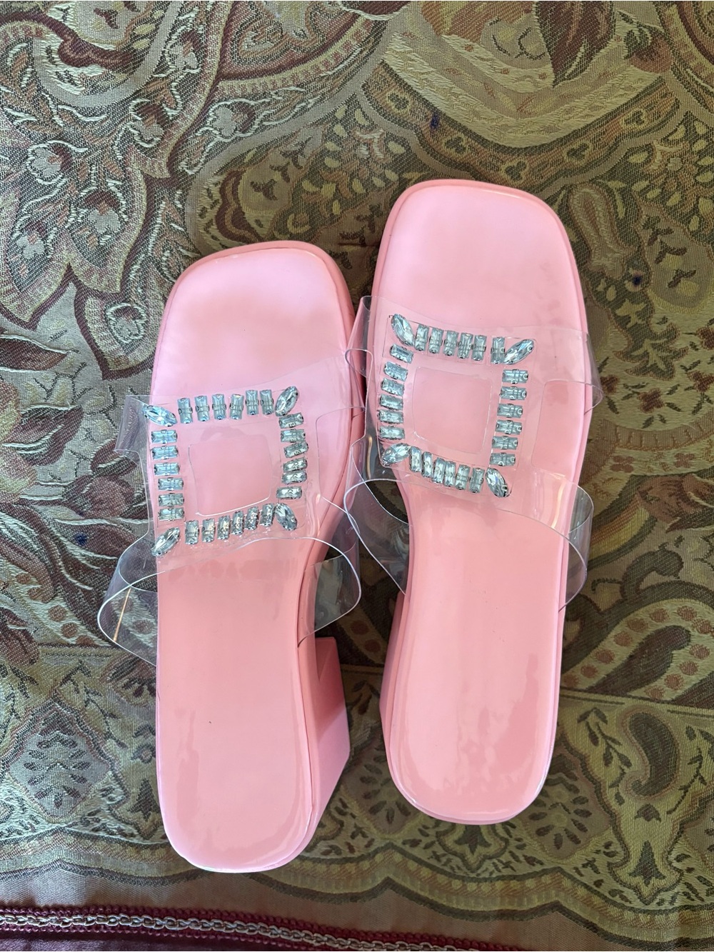 Pink Crystal Square Slide Sandals - Women